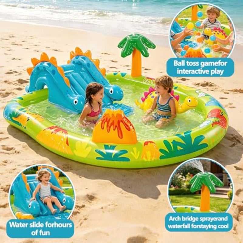 Inflatable kiddie pool with Sprinkler, Backyard Inflatable Water Slide with Splash Pool, Large 2-4 Person Support Connects to Any Garden Hose for Toddlers Volcano Dinosaur Pool - Image 4