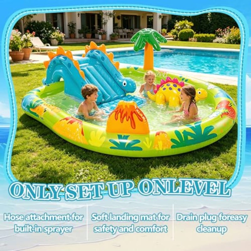Inflatable kiddie pool with Sprinkler, Backyard Inflatable Water Slide with Splash Pool, Large 2-4 Person Support Connects to Any Garden Hose for Toddlers Volcano Dinosaur Pool - Image 5