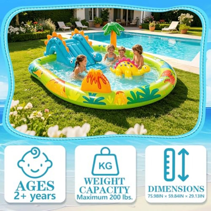 Inflatable kiddie pool with Sprinkler, Backyard Inflatable Water Slide with Splash Pool, Large 2-4 Person Support Connects to Any Garden Hose for Toddlers Volcano Dinosaur Pool - Image 2