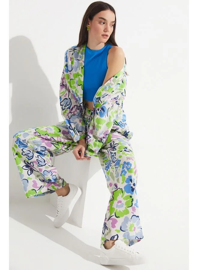 جون June Women Exclusive Wide Leg Linen Blend Floral Patterned Trouser Green