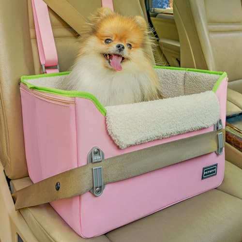 PETSFIT Small Dog Car Seat Patented Safety Buckles Safety Tether Foldable Travel Cat Car Seat Reduces Anxiety Road Trips Stable Frame Soft Cushion Fits FrontBack Seat Pink - Image 1