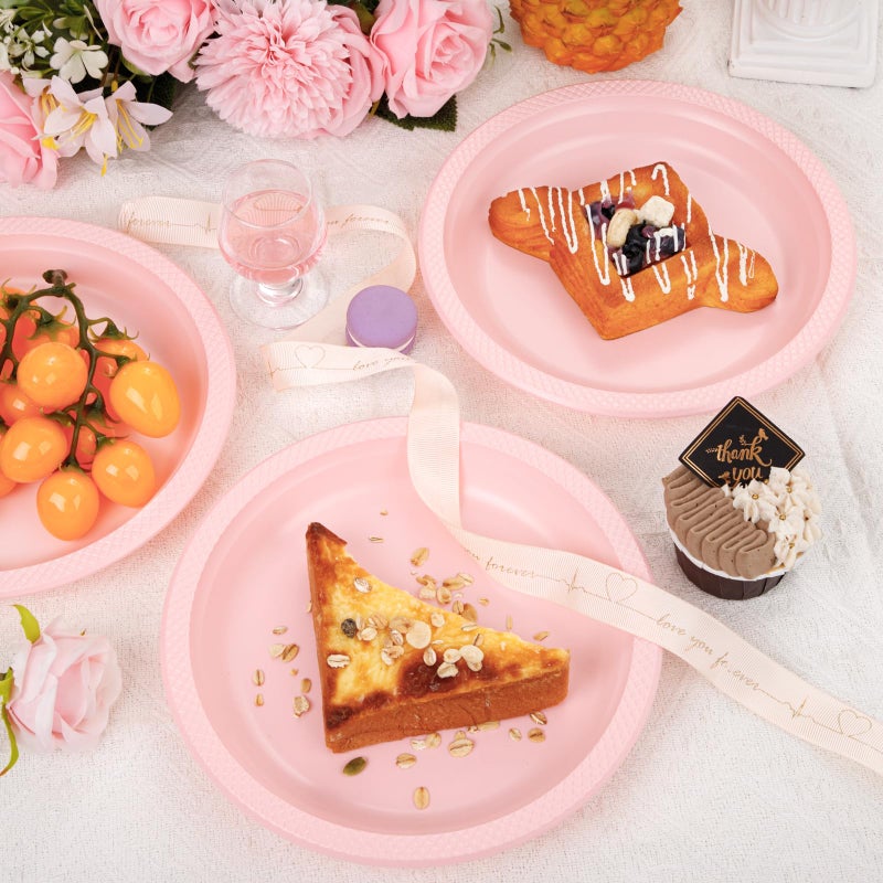WELLIFE Pink Plastic Plates 9 Inch -150 Count for Party, Disposable Plastic Party Plates for Valentine's Day Easter Mother's Day Baby Shower Dinner Dessert Cake Light Pink - Image 5