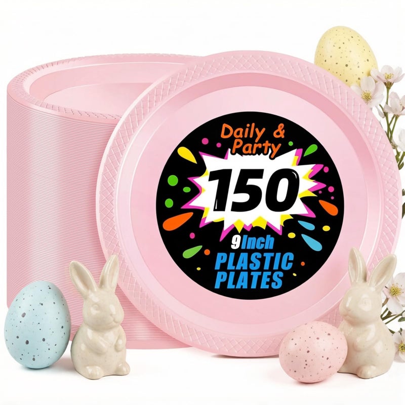WELLIFE Pink Plastic Plates 9 Inch -150 Count for Party, Disposable Plastic Party Plates for Valentine's Day Easter Mother's Day Baby Shower Dinner Dessert Cake Light Pink - Image 1