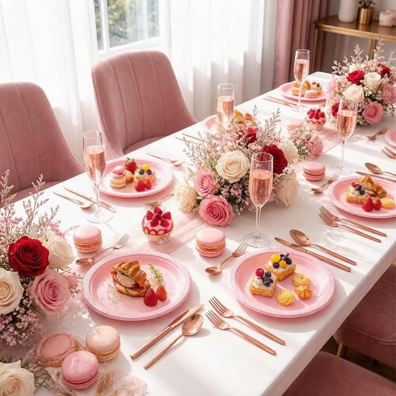 WELLIFE Pink Plastic Plates 9 Inch -150 Count for Party, Disposable Plastic Party Plates for Valentine's Day Easter Mother's Day Baby Shower Dinner Dessert Cake Light Pink - Image 3