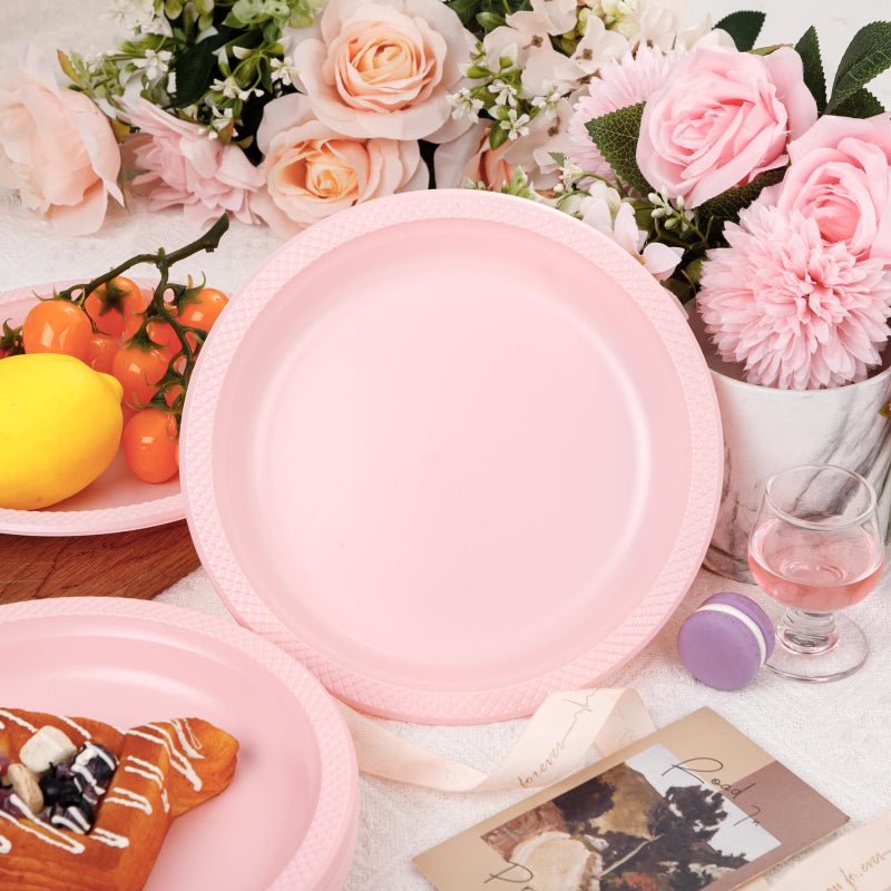 WELLIFE Pink Plastic Plates 9 Inch -150 Count for Party, Disposable Plastic Party Plates for Valentine's Day Easter Mother's Day Baby Shower Dinner Dessert Cake Light Pink - Image 4