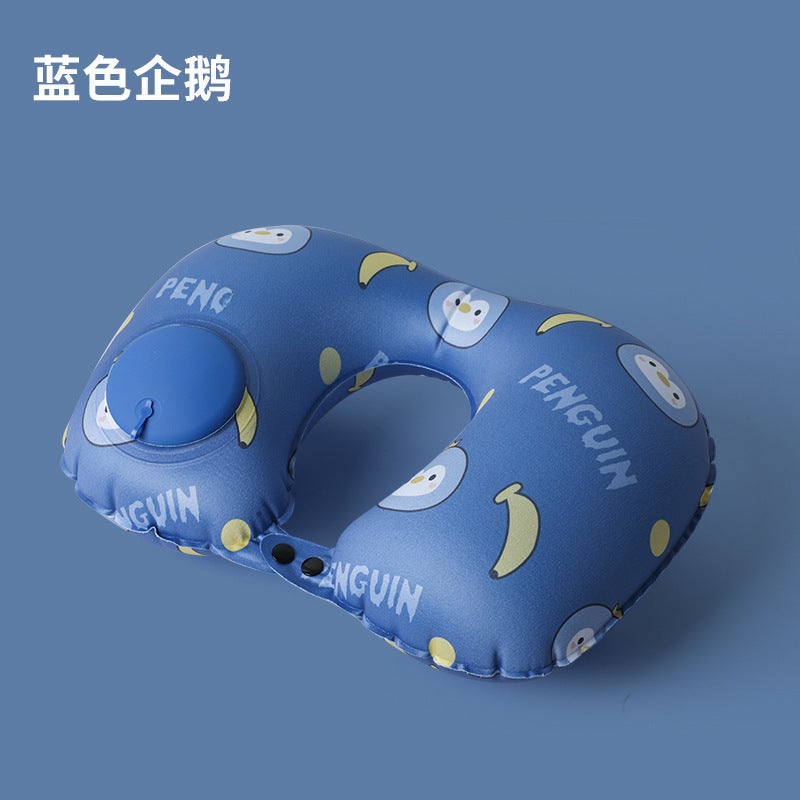Inflatable U-Shaped Travel Pillow for Neck Support Blue Penguin/milk Silk 