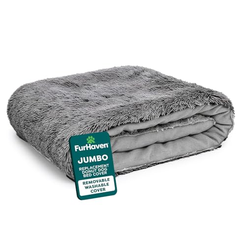 FurHaven Replacement Dog Bed Cover Long Faux Fur for Calming Cuddlers Machine Washable Customizable Filling Jumbo XL Gray - Image 1
