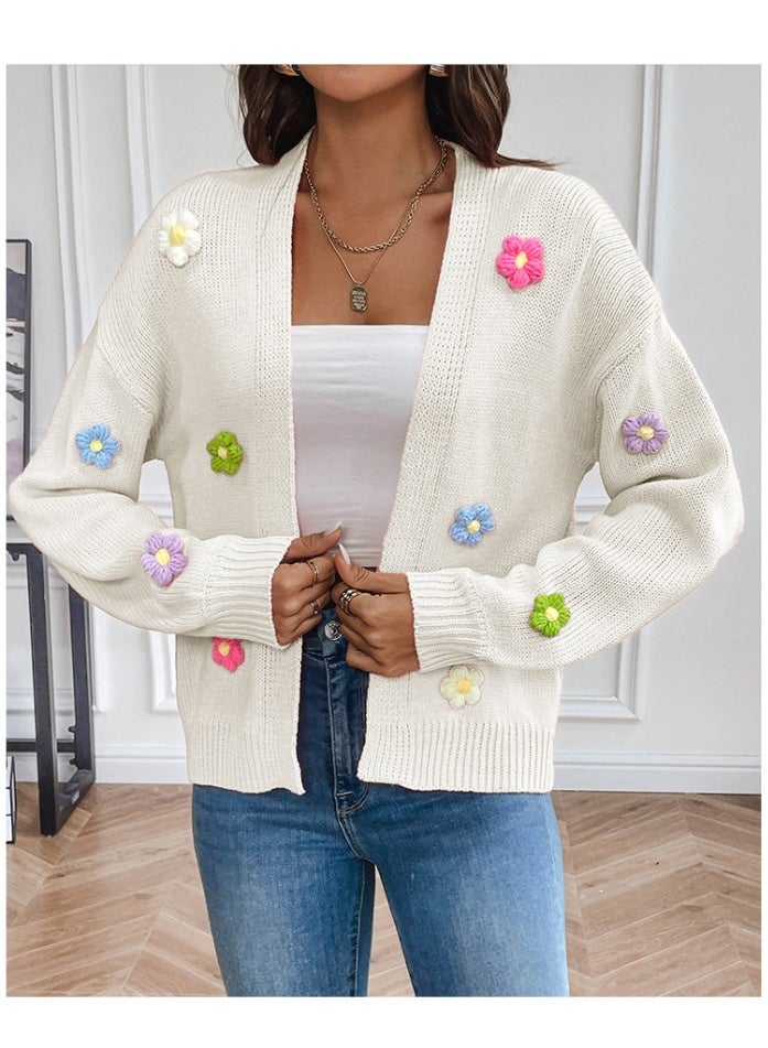 NIBEMINENT Women Fall Winter Knit Cardigan Sweaters Flower Open Front Button Down Loose Cropped Cardigan Outerwear Ladies Sweaters For Fall - Image 1