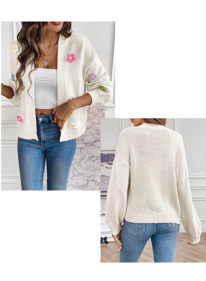 NIBEMINENT Women Fall Winter Knit Cardigan Sweaters Flower Open Front Button Down Loose Cropped Cardigan Outerwear Ladies Sweaters For Fall - Image 2