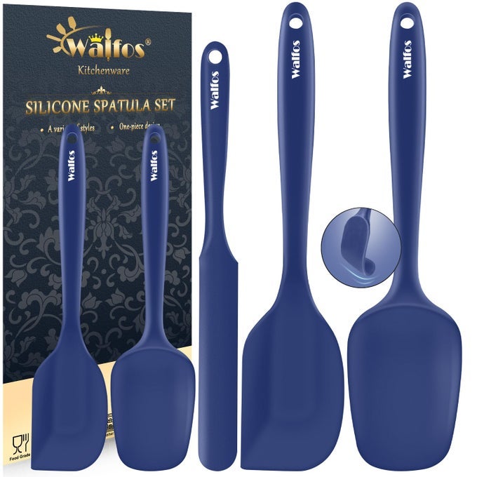 SILICONE SPATULA SET 5PCS 600 HIGH HEAT RESISTANT KITCHEN SPOON NAVY BLUE SPATULAS FOR COOKING MIXING BAKING STRONG STEEL CORE AND ONEPIECES SEAMLESS DESIGN BPA FREE DISHWASHER SAFE