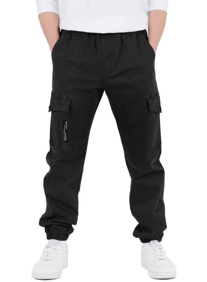 CAMLAKEE Boys Cargo Pants for Kids Stretch Elastic Waist School Youth Twill Joggers Black 8-9 Years/Size 140 - Image 1