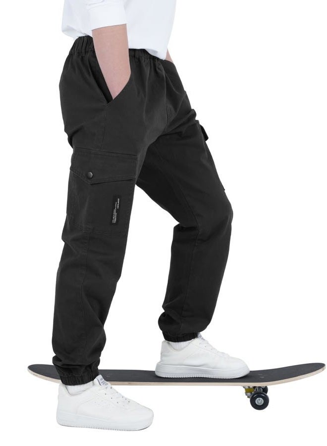 CAMLAKEE Boys Cargo Pants for Kids Stretch Elastic Waist School Youth Twill Joggers Black 8-9 Years/Size 140 - Image 3