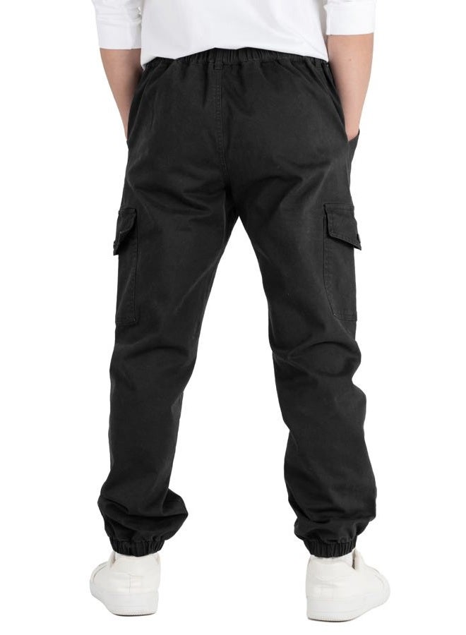 CAMLAKEE Boys Cargo Pants for Kids Stretch Elastic Waist School Youth Twill Joggers Black 8-9 Years/Size 140 - Image 4