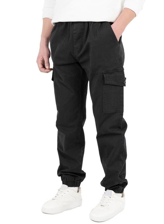 CAMLAKEE Boys Cargo Pants for Kids Stretch Elastic Waist School Youth Twill Joggers Black 8-9 Years/Size 140 - Image 2
