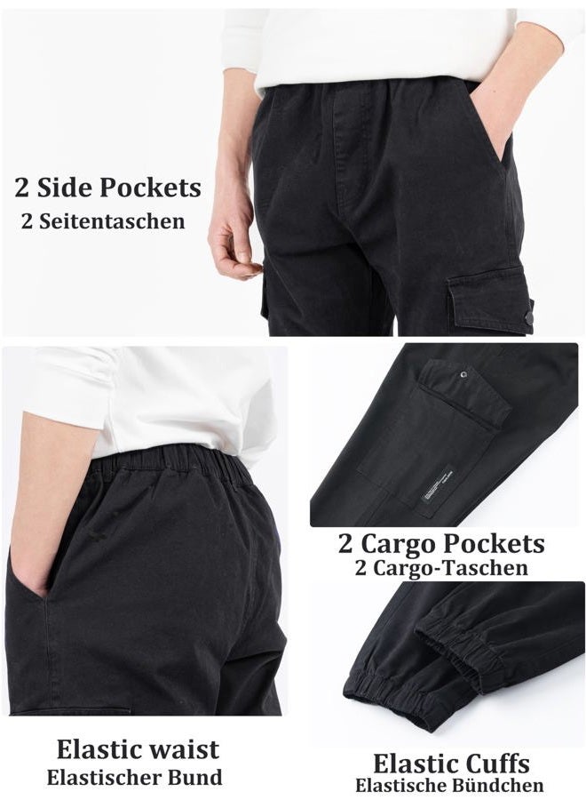 CAMLAKEE Boys Cargo Pants for Kids Stretch Elastic Waist School Youth Twill Joggers Black 8-9 Years/Size 140 - Image 5