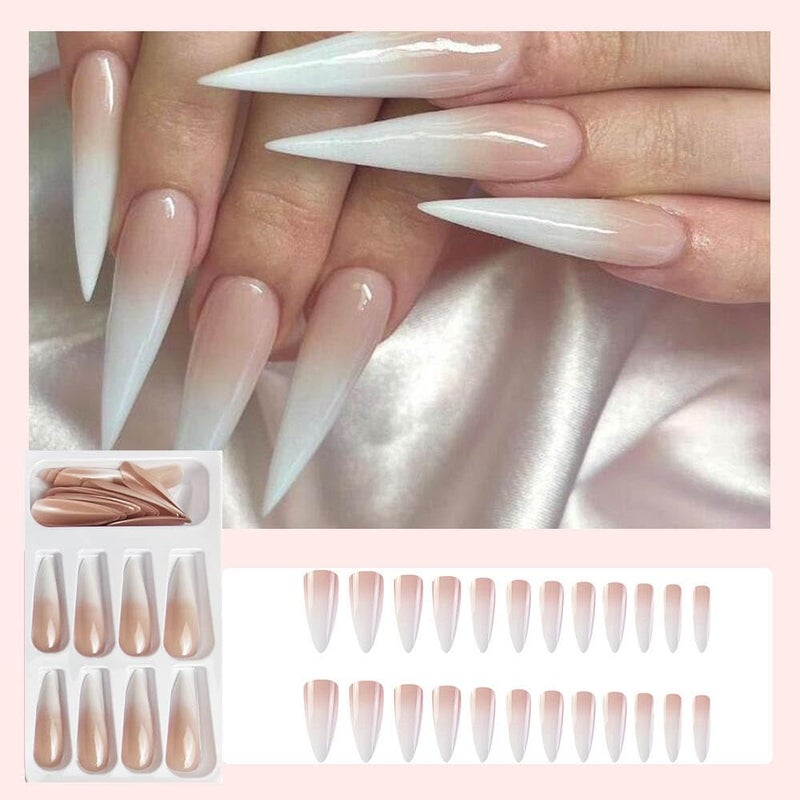 QQPPOLIU Extra Long Press on Nails Stiletto French Tip Gradient Pink to White Press Ons Point Fake Nail for Women and Girls 24 Pcs - Image 4