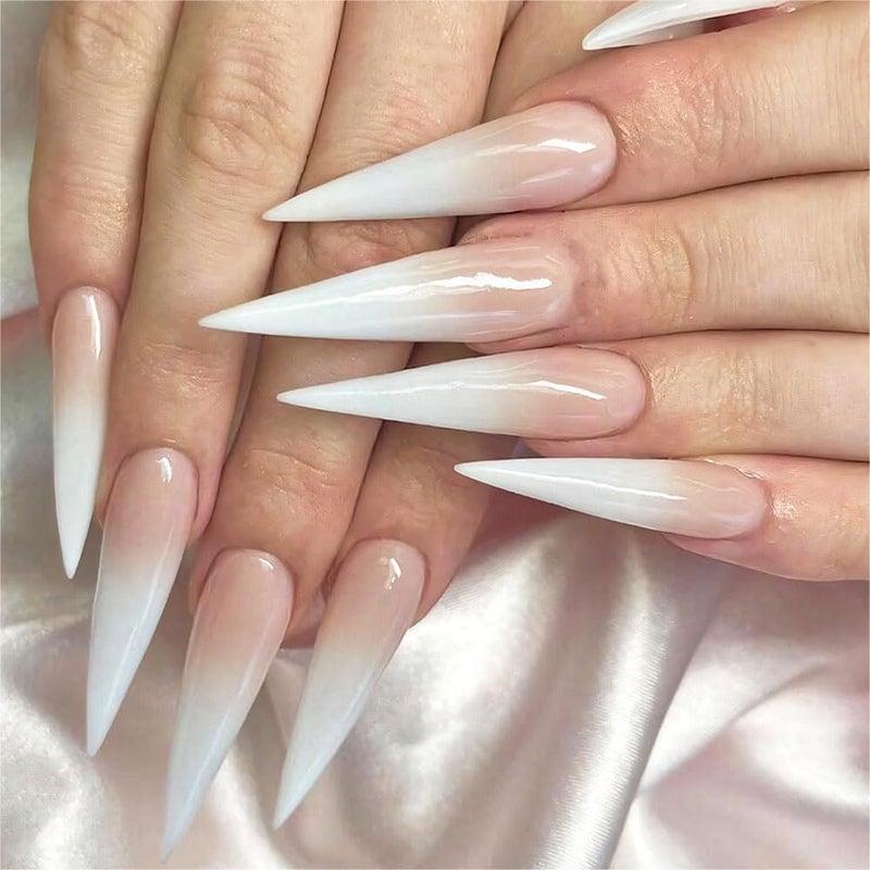 QQPPOLIU Extra Long Press on Nails Stiletto French Tip Gradient Pink to White Press Ons Point Fake Nail for Women and Girls 24 Pcs - Image 1
