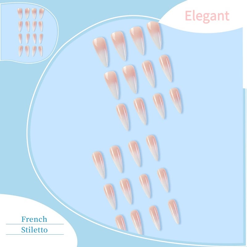 QQPPOLIU Extra Long Press on Nails Stiletto French Tip Gradient Pink to White Press Ons Point Fake Nail for Women and Girls 24 Pcs - Image 2