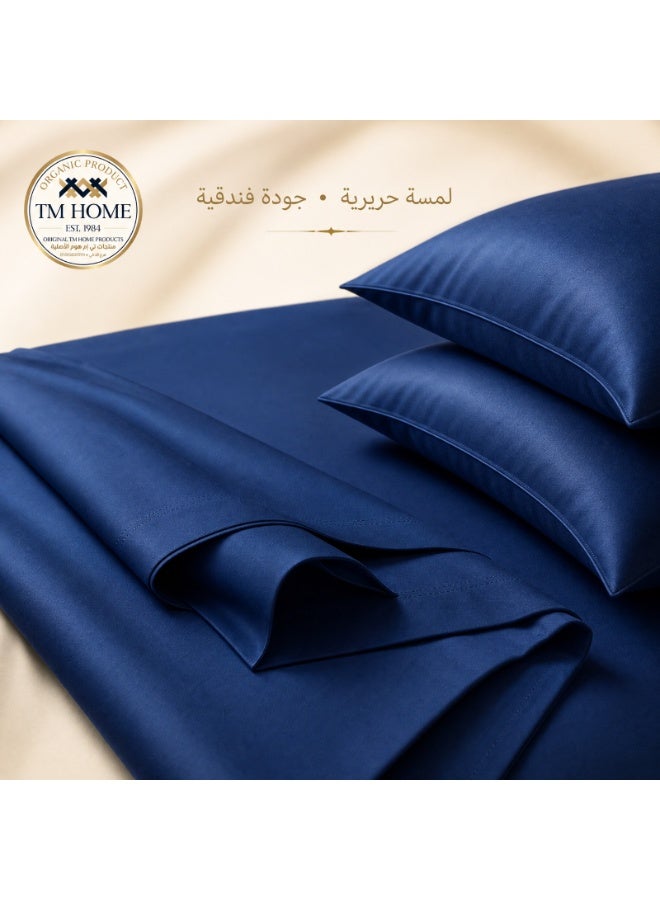 تى ام هوم طقم ملاية مسطحة، 3 قطع، قطن طبيعي 100%، 300 خيط، تشطيب ساتان مزدوج، جودة فنادق 5 نجوم، كحلي - Image 4