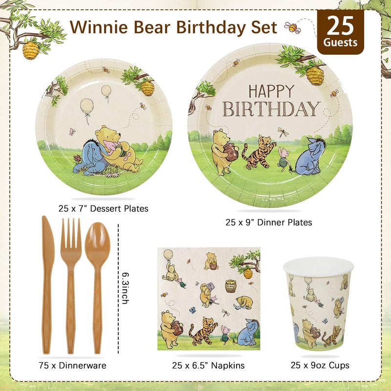 Heboland Winnie Birthday Decorations Plates Set, 175PCS Classic Pooh Happy Birthday Plates Cups Napkins Cutlery for 25 Guests - Image 3