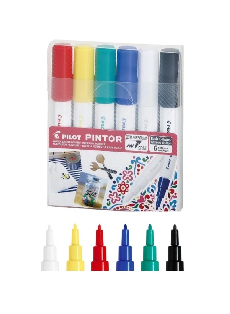 Pilot Pintor Water Based Paint Markers Set of 6 Basic Colours Extra Fine 0.7mm Tip - Image 1