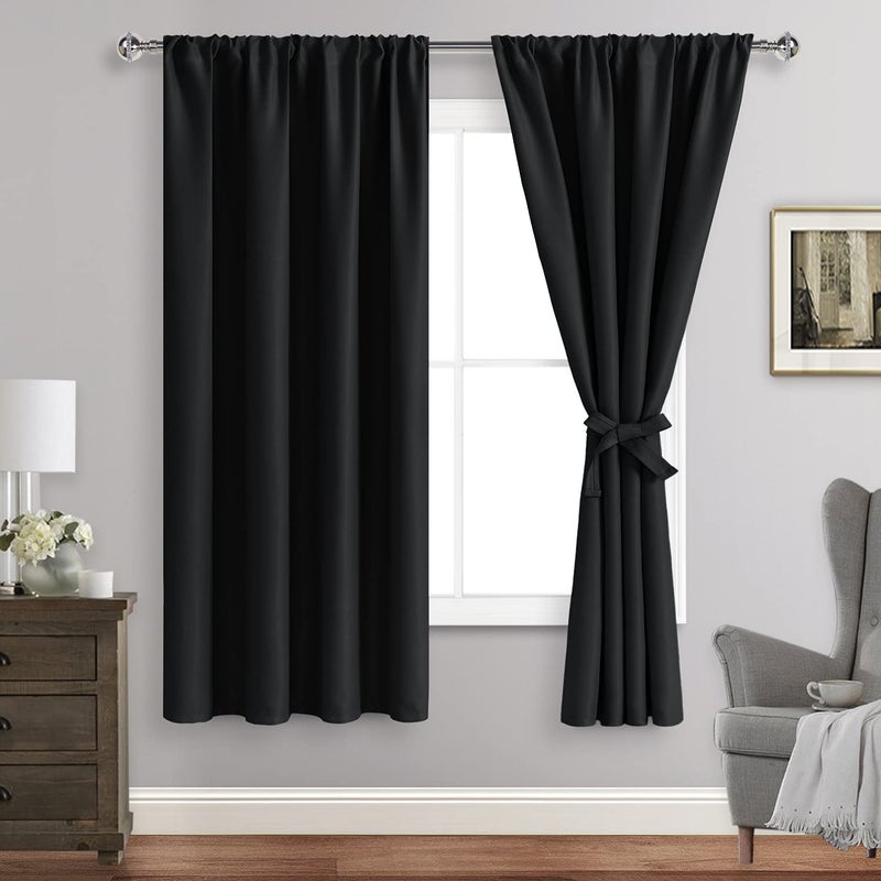 JIUZHEN Blackout Curtains for Bedroom Thermal InsulatedNoise Reducing Room Darkening Rod Pocket Curtains for Living Room Set of 2 Panels with Tiebacks 42 x 63 inch Long Black