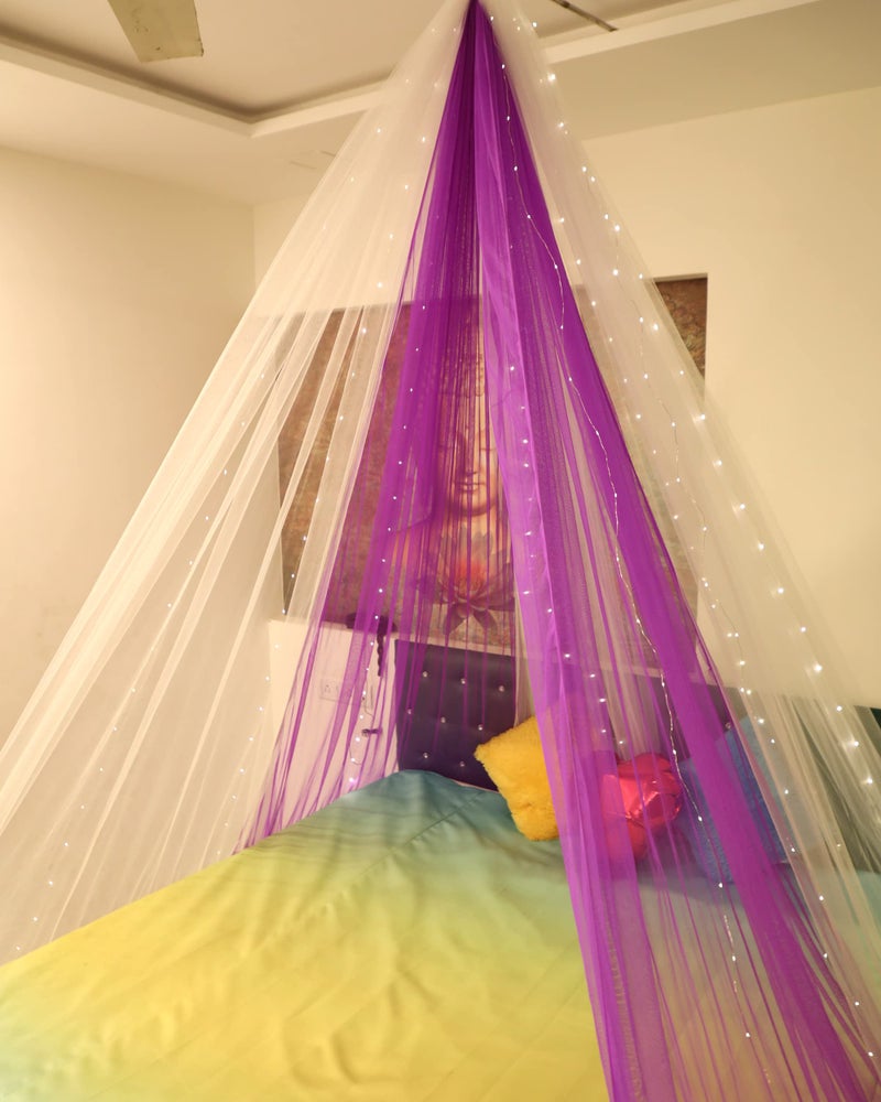 Selibration سيلبريشن | قماش شبكة ديكور باللونين الأرجواني والأبيض لتزيين خيمة الكابانا في الهواء الطلق لعيد الميلاد ومفاجآت الذكرى السنوية | 2 قطعة قماش 6 متر لكل منهما مع إضاءة LED بطول 10 متر - Image 1