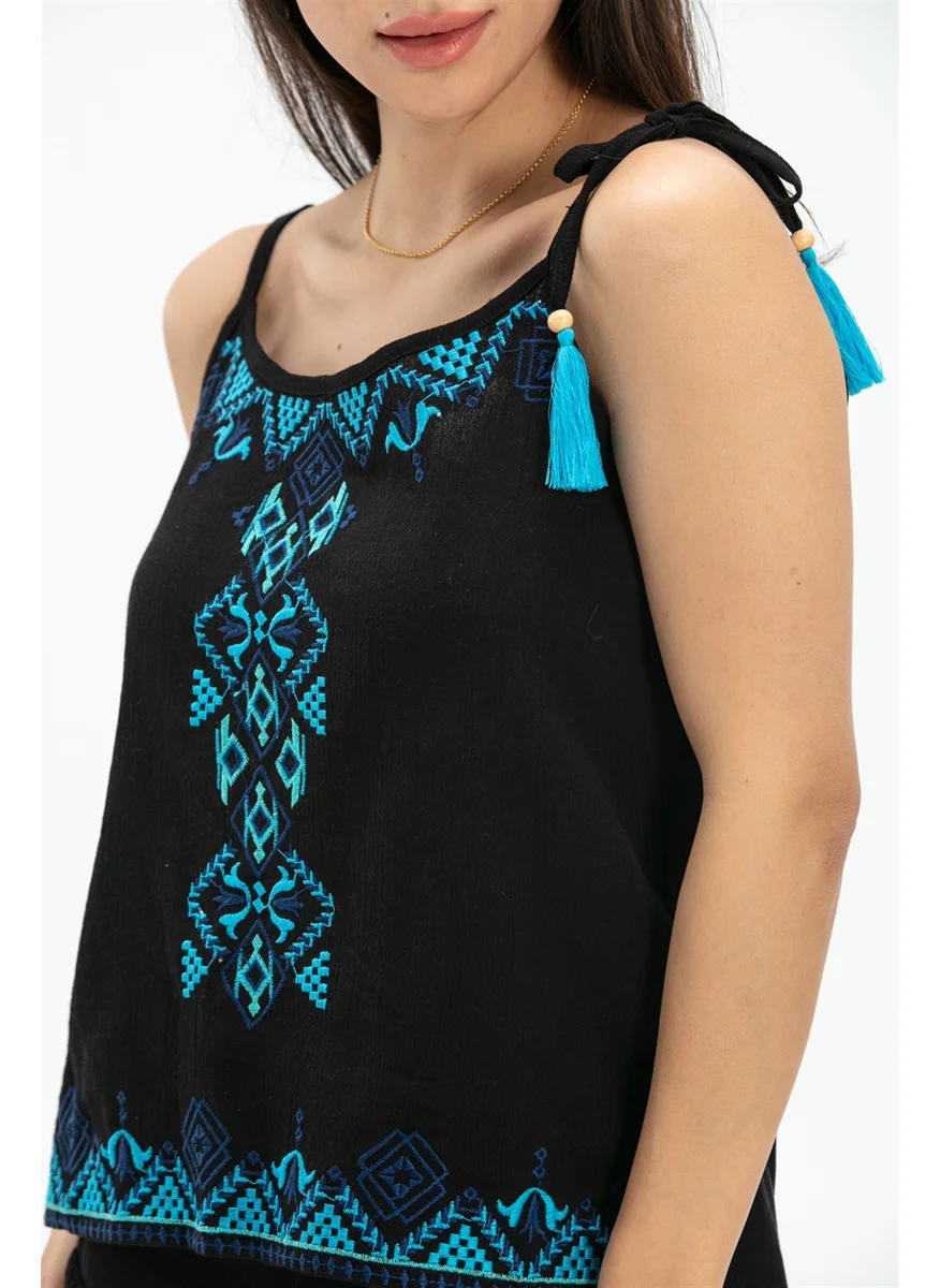 Eliş Şile Bezi Strap Sile Cloth Atiye Blouse Black Syh