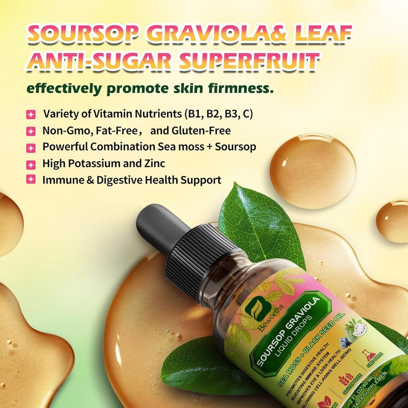 B BEWORTHS قطرات سوروبيس السائلة مع طحالب البحر الأيرلندية وزيت الحبة السوداء ومستخلص أوراق السوروبيس معقد متعدد الفيتامينات يدعم مضادات الأكسدة ويبطئ شيخوخة الخلايا وتنظيف الأمعاء وإزالة السموم وصحة المناعة - Image 5