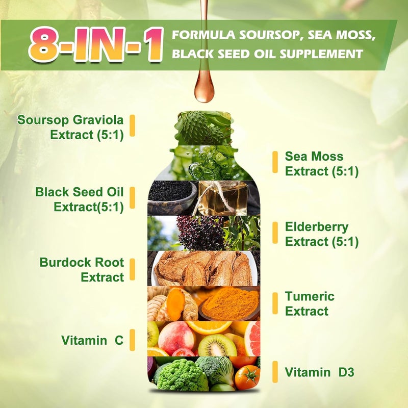 B BEWORTHS قطرات سوروبيس السائلة مع طحالب البحر الأيرلندية وزيت الحبة السوداء ومستخلص أوراق السوروبيس معقد متعدد الفيتامينات يدعم مضادات الأكسدة ويبطئ شيخوخة الخلايا وتنظيف الأمعاء وإزالة السموم وصحة المناعة - Image 2