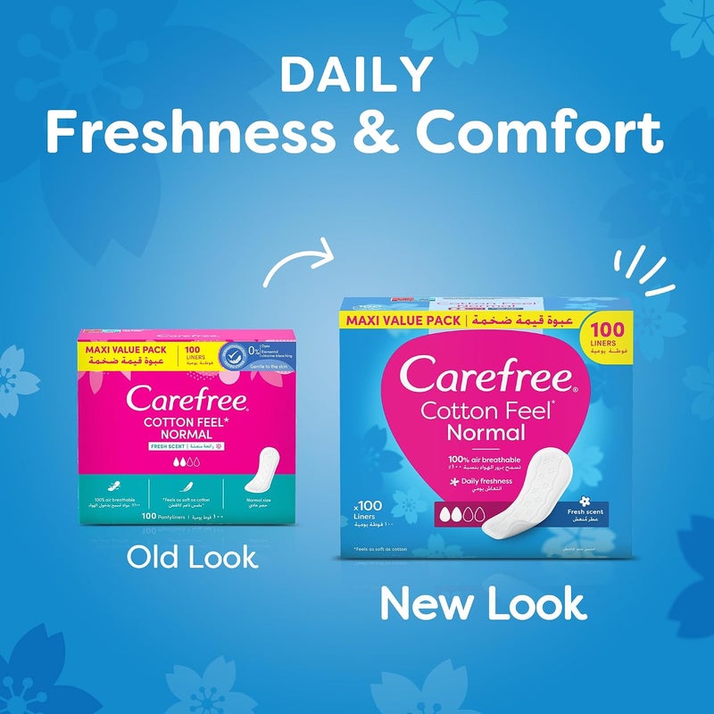 Carefree Cotton Feel Fresh Scent Panty Liners, 100% Breathable, Normal Size, Pack of 100 - Image 2