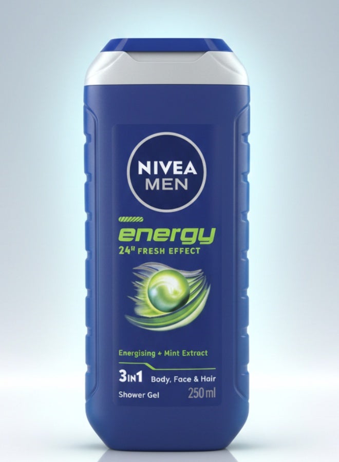 Nivea Men Energy 3 in 1 Shower Gel 250 ml Body Face Hair Refreshing Deep Clean Long Lasting Freshness - Image 1