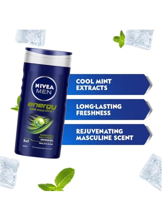 Nivea Men Energy 3 in 1 Shower Gel 250 ml Body Face Hair Refreshing Deep Clean Long Lasting Freshness - Image 2