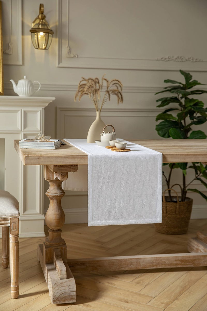 ZeeMart Burlap Style Farmhouse Table Runners 108 Inches Long  White Rustic Woven Dining Table Runner for Everyday Use  14x108 Inches  White - Image 2