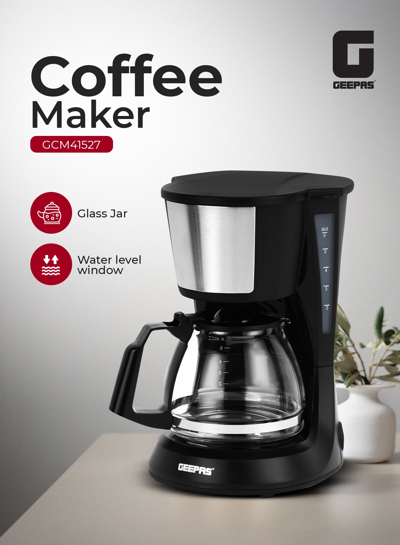 Drip Coffee Maker 600 W Fast Brew Machine with Durable Glass Jar | Reusable Nylon Filter, Anti-Drip System & Water Level Indicator | Compact Electric Coffee Brewer | GCM41527 0.75 L 600 W GCM41527 beige