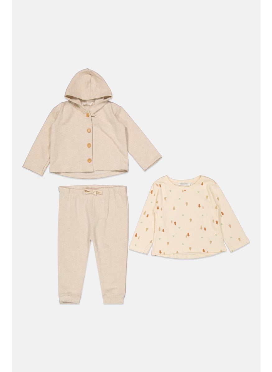 Mother's Promise Toddlers Girl 3Pcs Printed Hooded Sweatshirt, SAweatpant And Top Set, Beige  - Image 1
