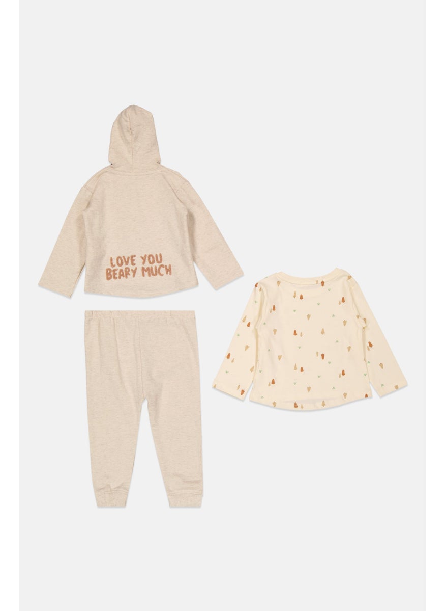 Mother's Promise Toddlers Girl 3Pcs Printed Hooded Sweatshirt, SAweatpant And Top Set, Beige  - Image 2