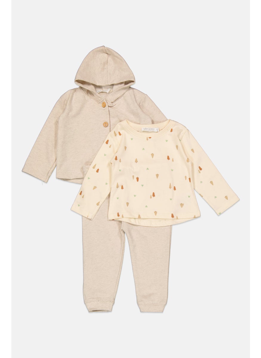 Mother's Promise Toddlers Girl 3Pcs Printed Hooded Sweatshirt, SAweatpant And Top Set, Beige  - Image 3