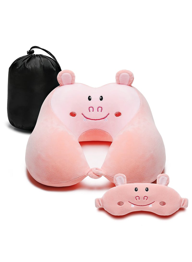 SYOSI Travel Pillow for Kids and Adults, Lovely Animal Memory Foam Neck Pillow with Soft Fleece Cover and Eye Mask Set, Airplane Pillow Travel Kit with Drawstring Organizer Bag, Machine Washable (Hippo)  - Image 1