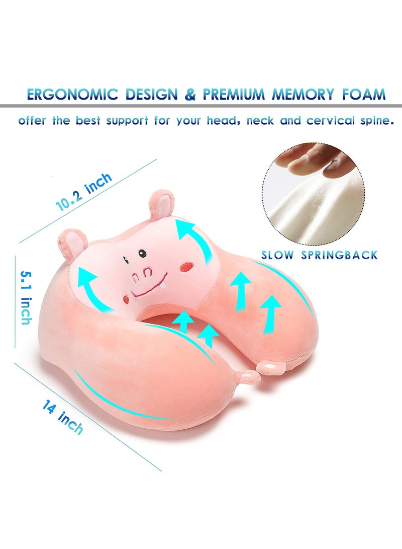 SYOSI Travel Pillow for Kids and Adults, Lovely Animal Memory Foam Neck Pillow with Soft Fleece Cover and Eye Mask Set, Airplane Pillow Travel Kit with Drawstring Organizer Bag, Machine Washable (Hippo)  - Image 3