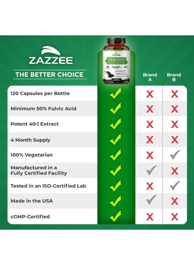 Zazzee 100% Pure Himalayan Shilajit 40:1 Extract, 50% Fulvic Acid | 120 Vegan Capsules, 4 Month Supply, Rich in Trace Minerals, Energy & Vitality Support, Non-GMO, Made in the USA - Image 2