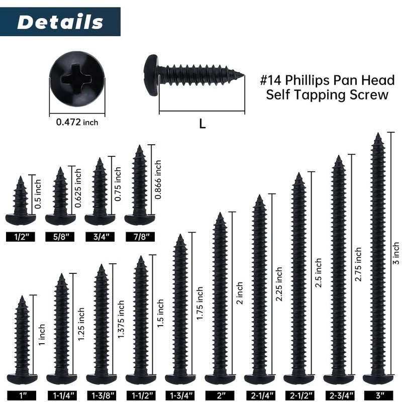 Glvaner #14 x 2-1/2 inch Phillips Pan Head Self Tapping Screws for Wood, Black Coated, 304 Stainless Steel 18-8, Round Head Sheet Metal Tek Screws, 20 pcs - Image 4