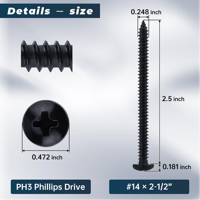Glvaner #14 x 2-1/2 inch Phillips Pan Head Self Tapping Screws for Wood, Black Coated, 304 Stainless Steel 18-8, Round Head Sheet Metal Tek Screws, 20 pcs - Image 3