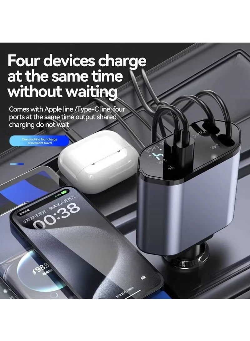 JAJEEK 66W Retractable 4-in-1 Fast Car Charger – Built-In Lightning & Type-C Cables + USB Port – High-Speed Charging for iPhone 15/14/13/12/11, Samsung Galaxy, Huawei & Android Devices – Compact, Tangle-Free Design with Smart Power Distribution – silver/grey - Image 2