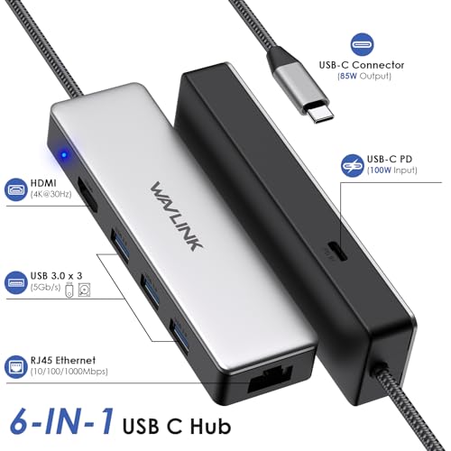 WAVLINK USB C Hub, 6-in-1 USB C Adapter for MacBook Pro/Air/Thunderbolt 3/Type C Devices, with 4K@30Hz HDMI, 3 USB 3.0, Gigabit Ethernet, 100W Power Delivery for Windows and Mac - Image 2