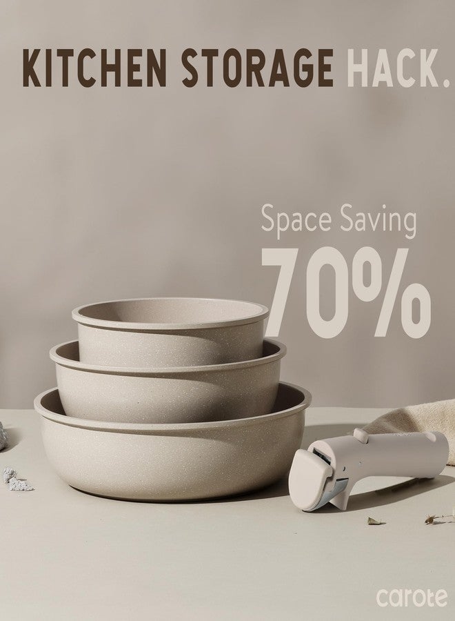 CAROTE 19pcs Pots and Pans Set Non Stick, Nonstick Cookware Set Detachable Handle, Induction Kitchen Cooking Sets with Removable Handle, RV Kitchen, Oven Safe, Taupe - Image 5