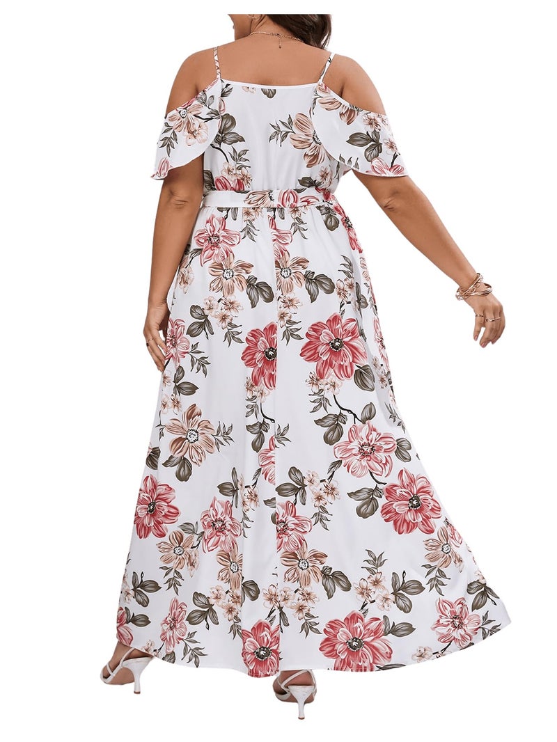 Floerns Women's Plus Size Cold Shoulder Short Sleeve Split Thigh Long Dress White - Image 3