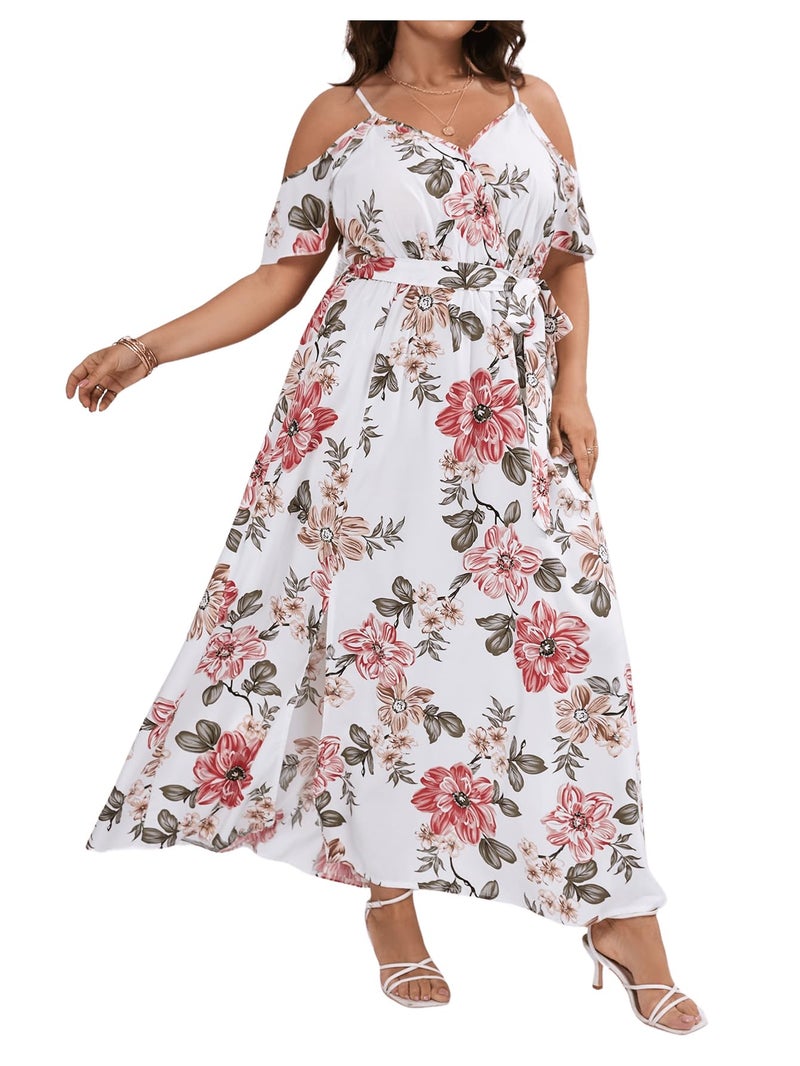 Floerns Women's Plus Size Cold Shoulder Short Sleeve Split Thigh Long Dress White - Image 1