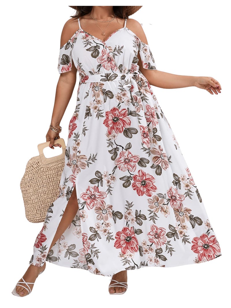 Floerns Women's Plus Size Cold Shoulder Short Sleeve Split Thigh Long Dress White - Image 2