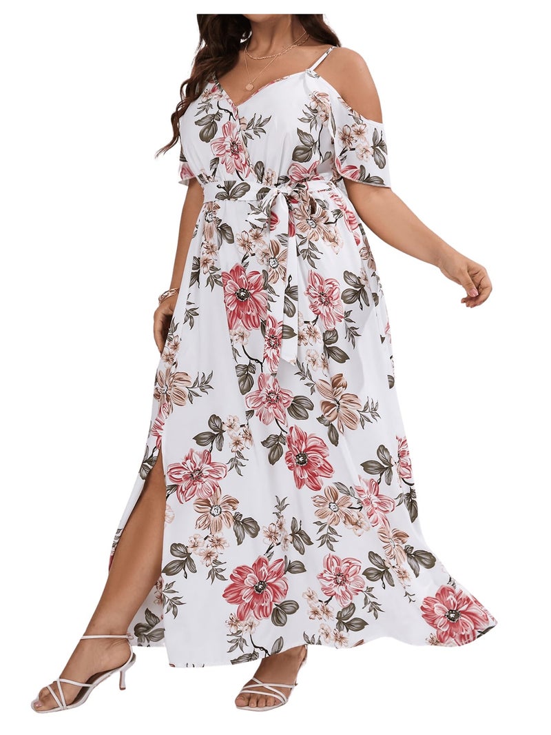 Floerns Women's Plus Size Cold Shoulder Short Sleeve Split Thigh Long Dress White - Image 5